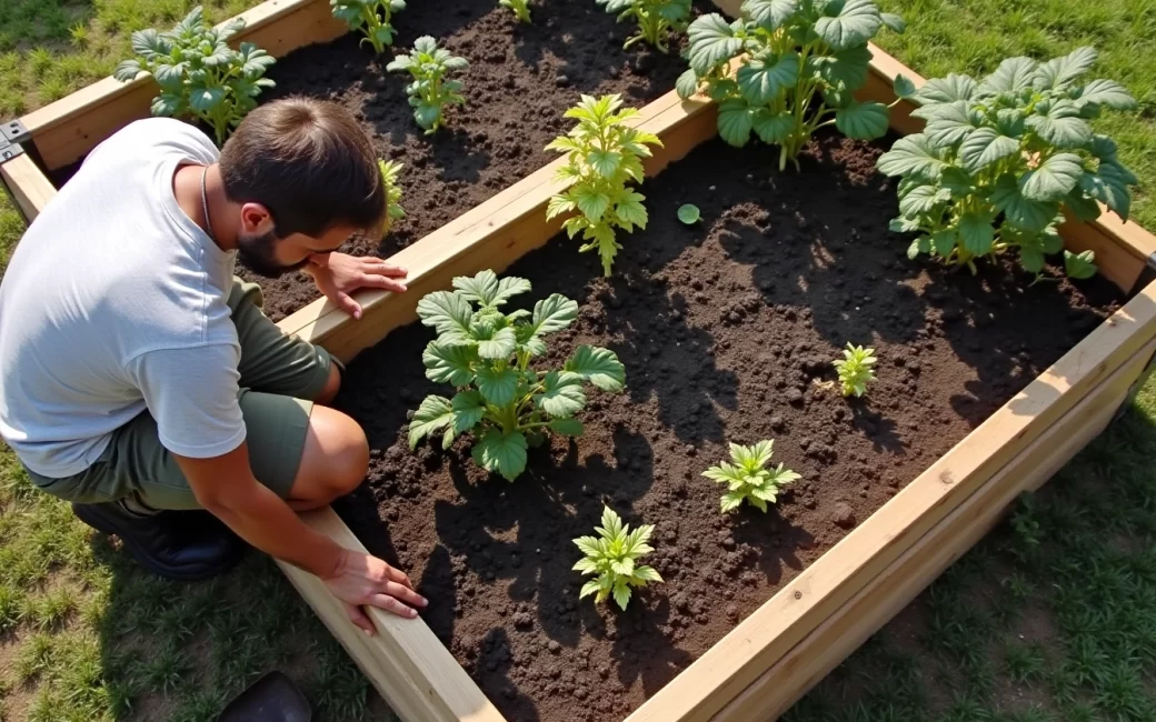 A wooden raised bed garden bed filled with soil in a backyard setting