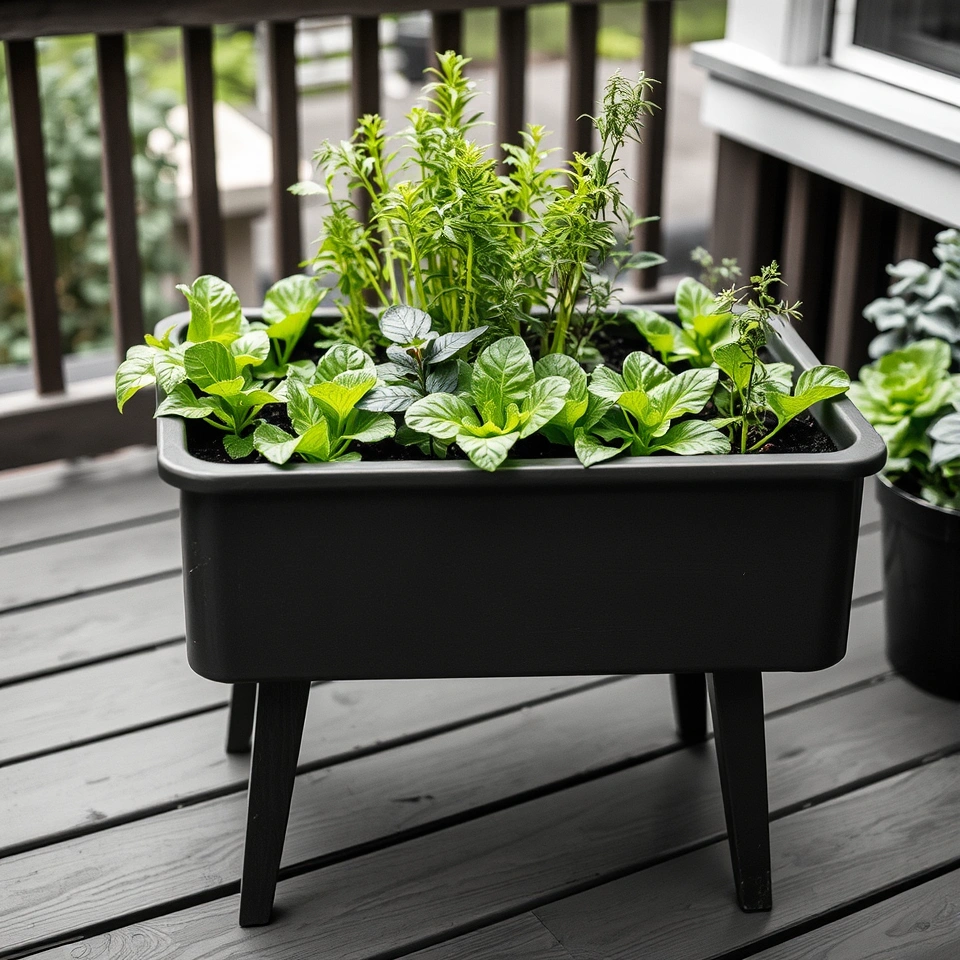 Waist-high elevated planter on a patio with lettuce and herbs growing inside