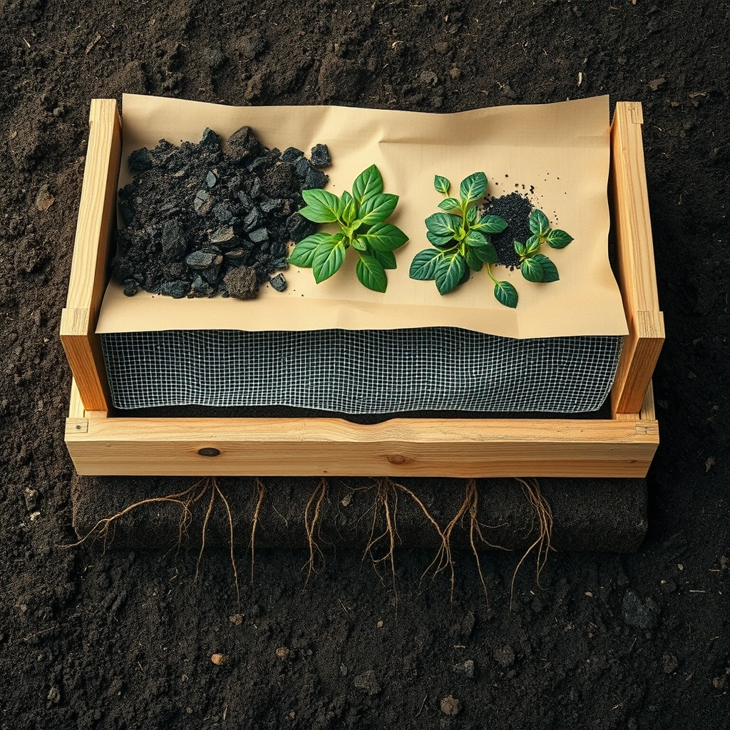 Cutaway diagram showing the layered construction of a raised bed from ground up