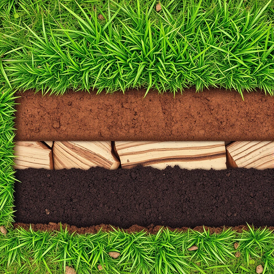 Layered base of raised bed showing cardboard, metal mesh, and wood debris for weed and pest control