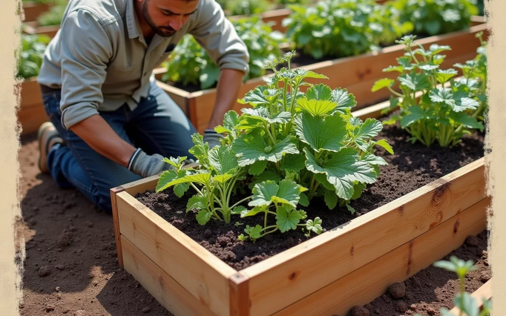Gardener tending a raised bed with healthy plants, native compacted soil visible beyond the frame