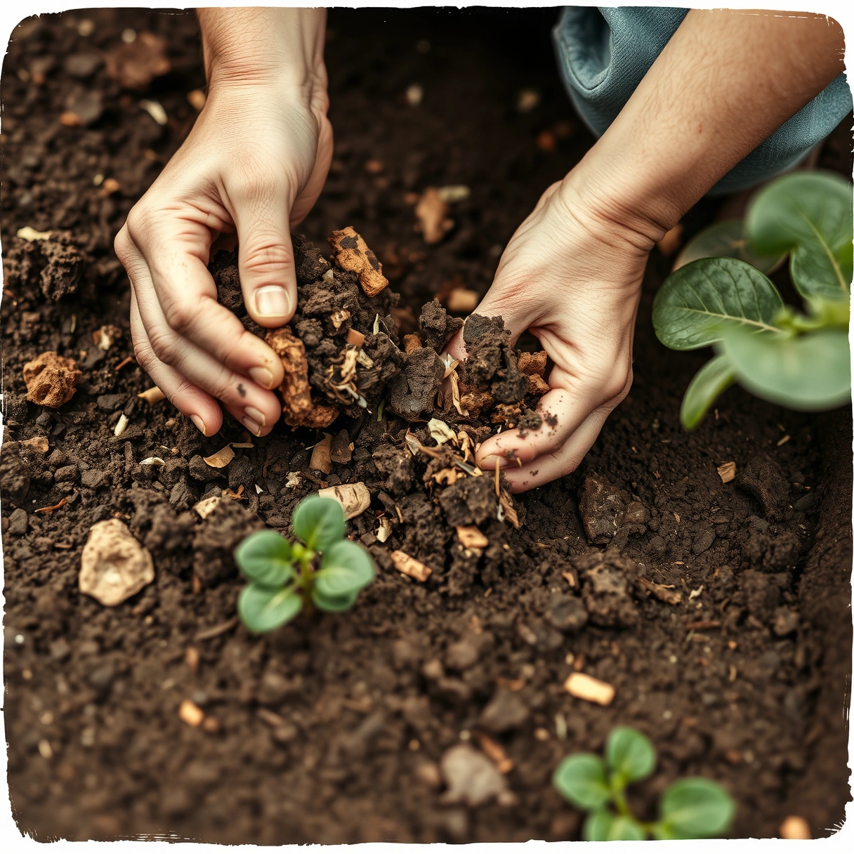 Hands mixing compost and organic matter into garden soil.