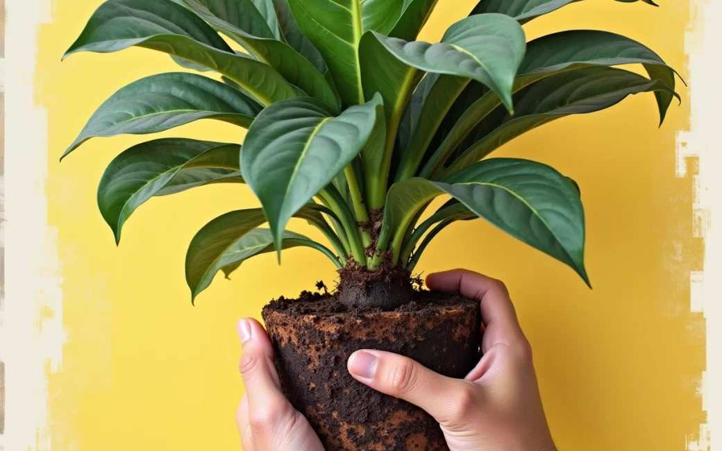 Hands lifting a small potted plant to inspect the roots clustered at the bottom of a plastic nursery pot.