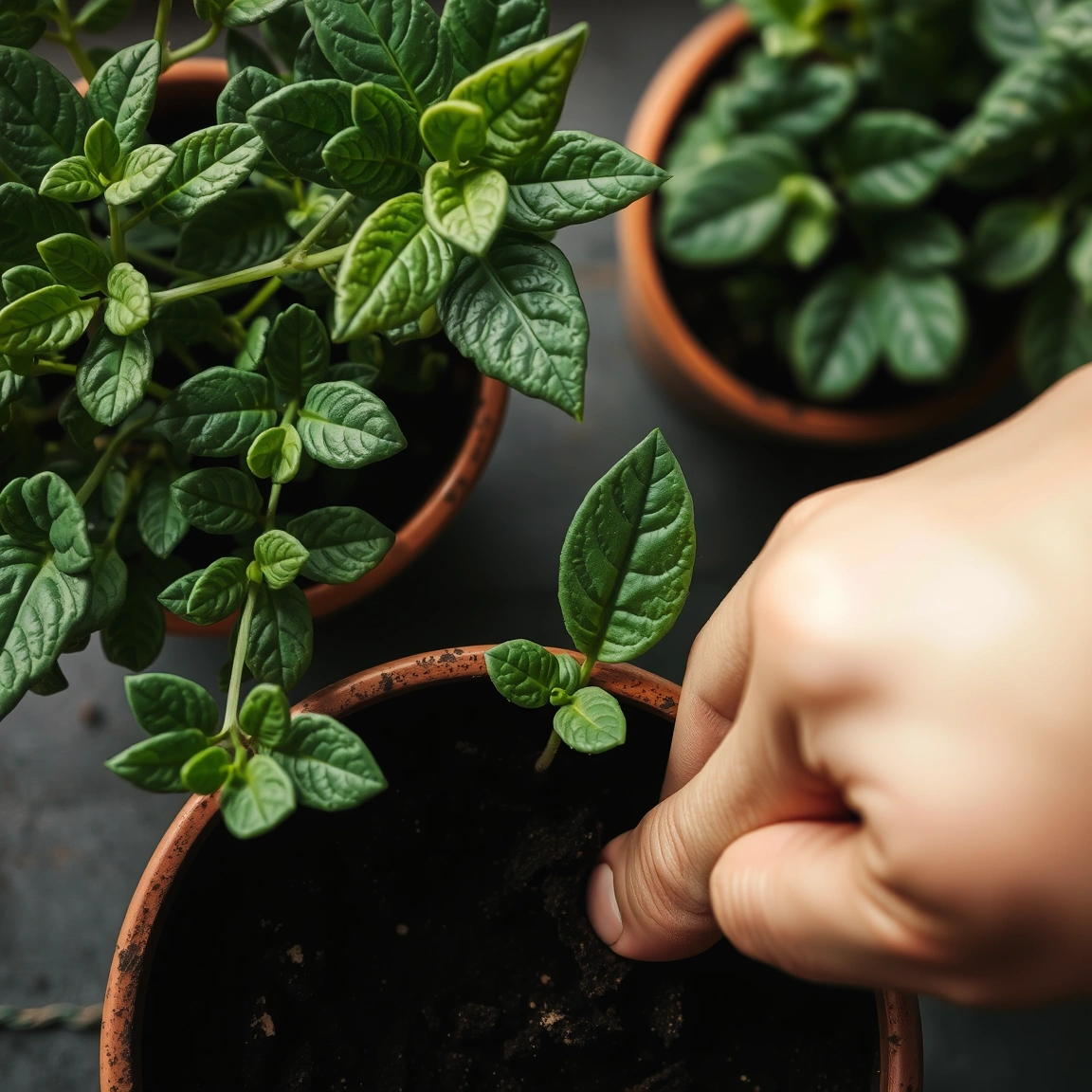 A finger inserted into soil in a plant pot to test moisture level before watering.